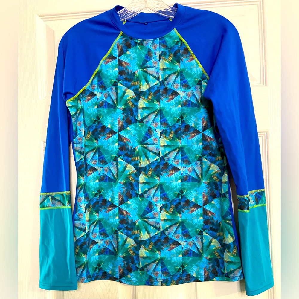 prAna Womens Lorelei Rash Guard Swim Shirt Small Blue Green Long Sleeve Surf